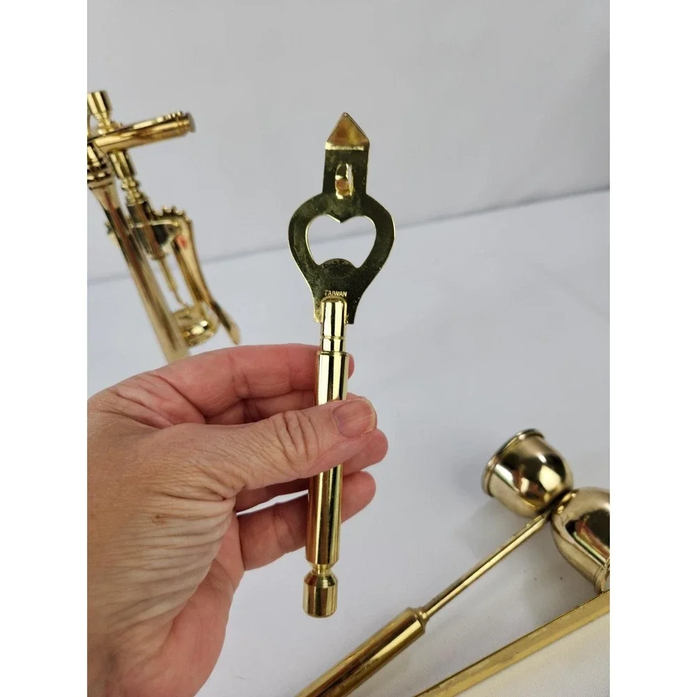 Vintage 5pc Brass Plated Bar Tool Set Stand Wine Opener Key Jigger Corkscrew MCM